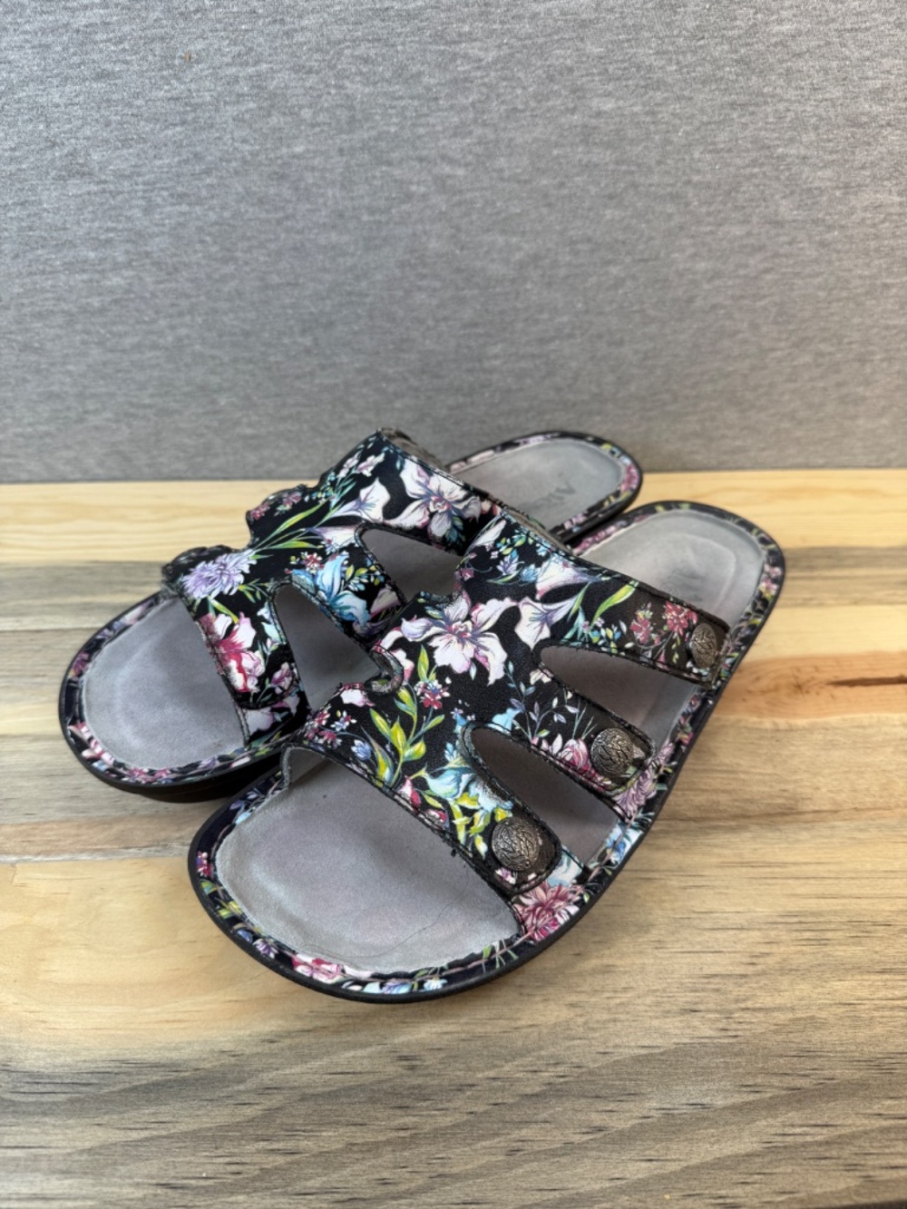 Alegria Leather Floral Sandals Black Butterfly Velcro Closure Size 11 EU 42 - Picture 10 of 16